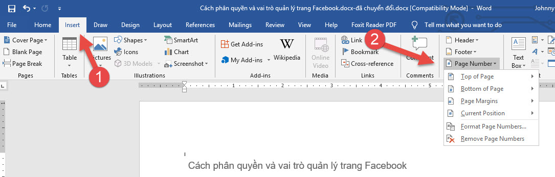 Chọn Insert > Page Number